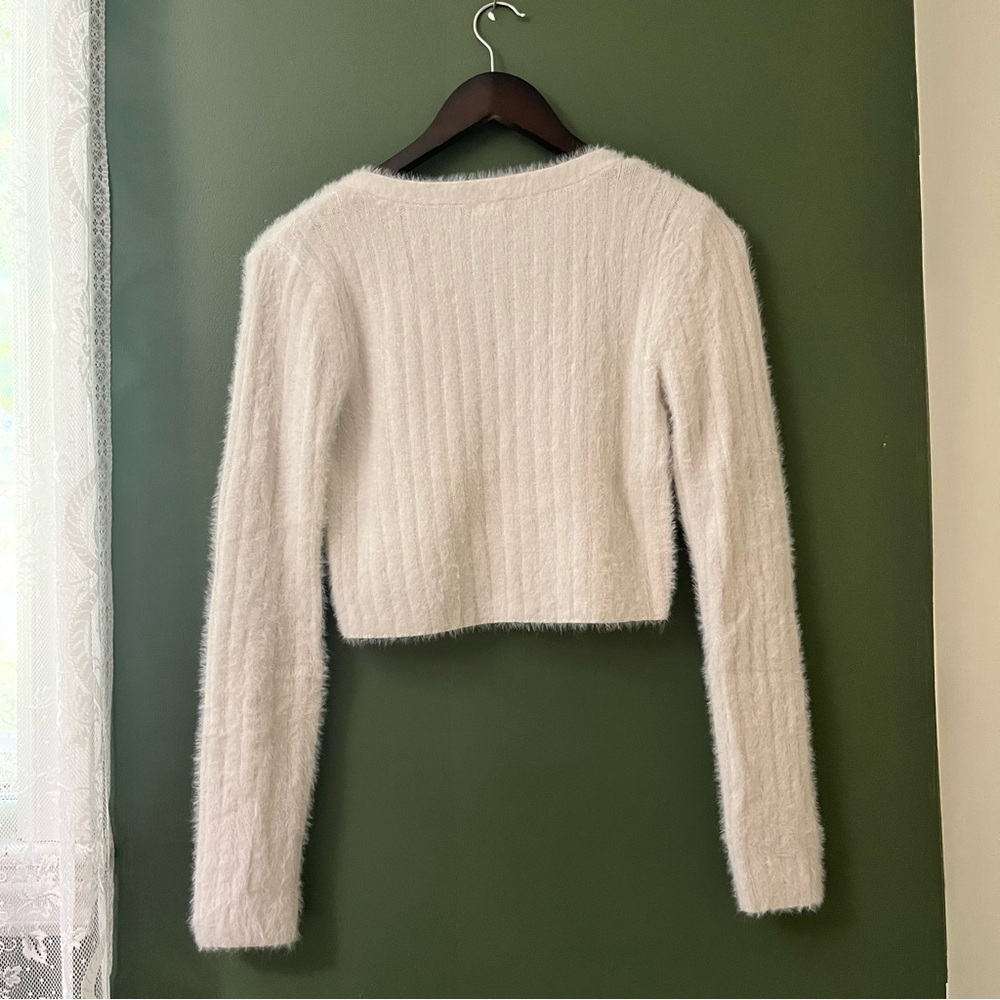 Garage White Fuzzy Women's Cardigan - Picture 2 of 8